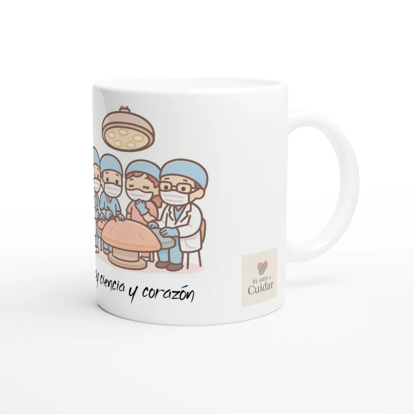 Taza de quirófano con frase emotiva “Aquí dentro no hay magia, hay ciencia y corazón”, cerámica 11 oz.