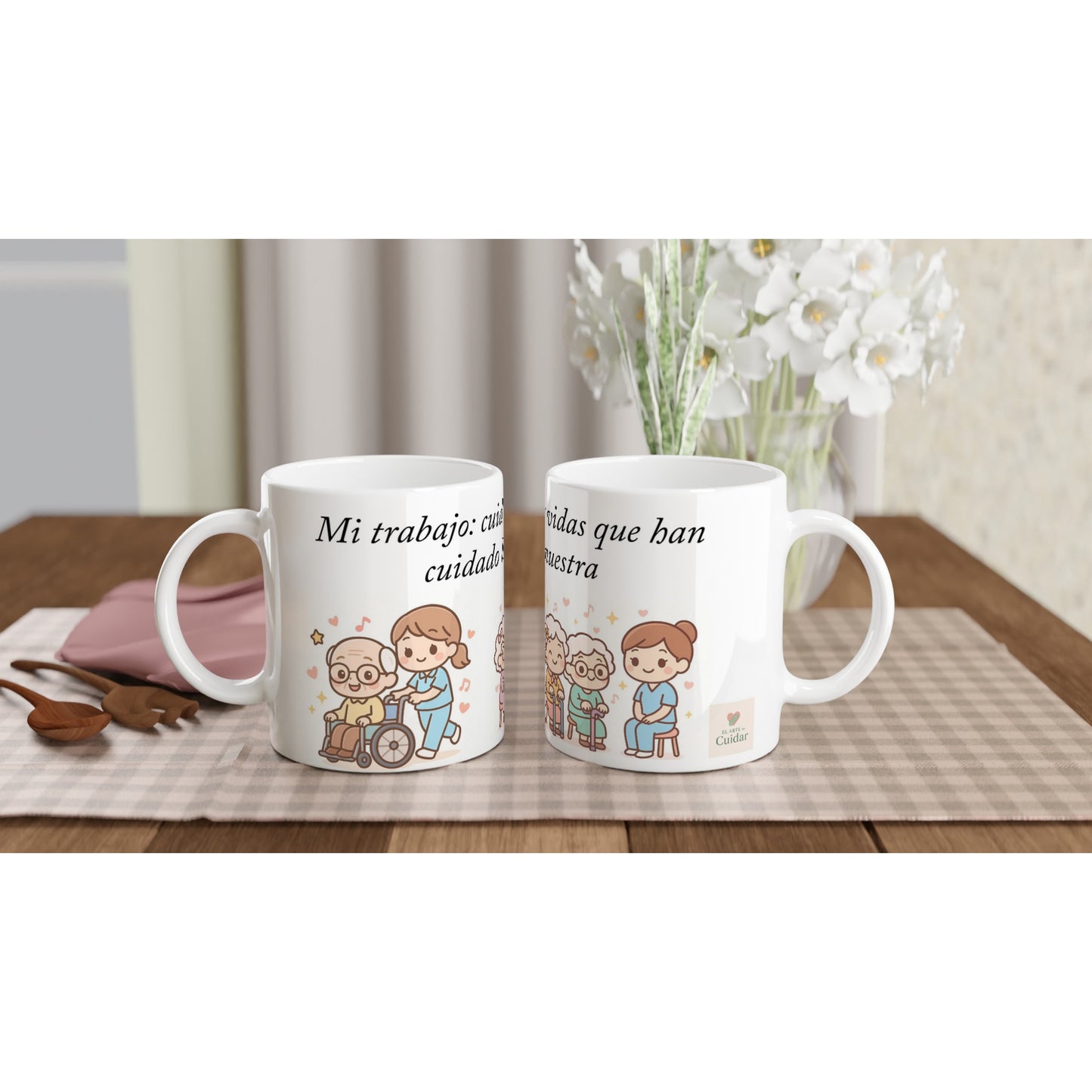 Taza TCAE con ilustración de abuelitos y frase emotiva, ideal para auxiliares y sociosanitarios.