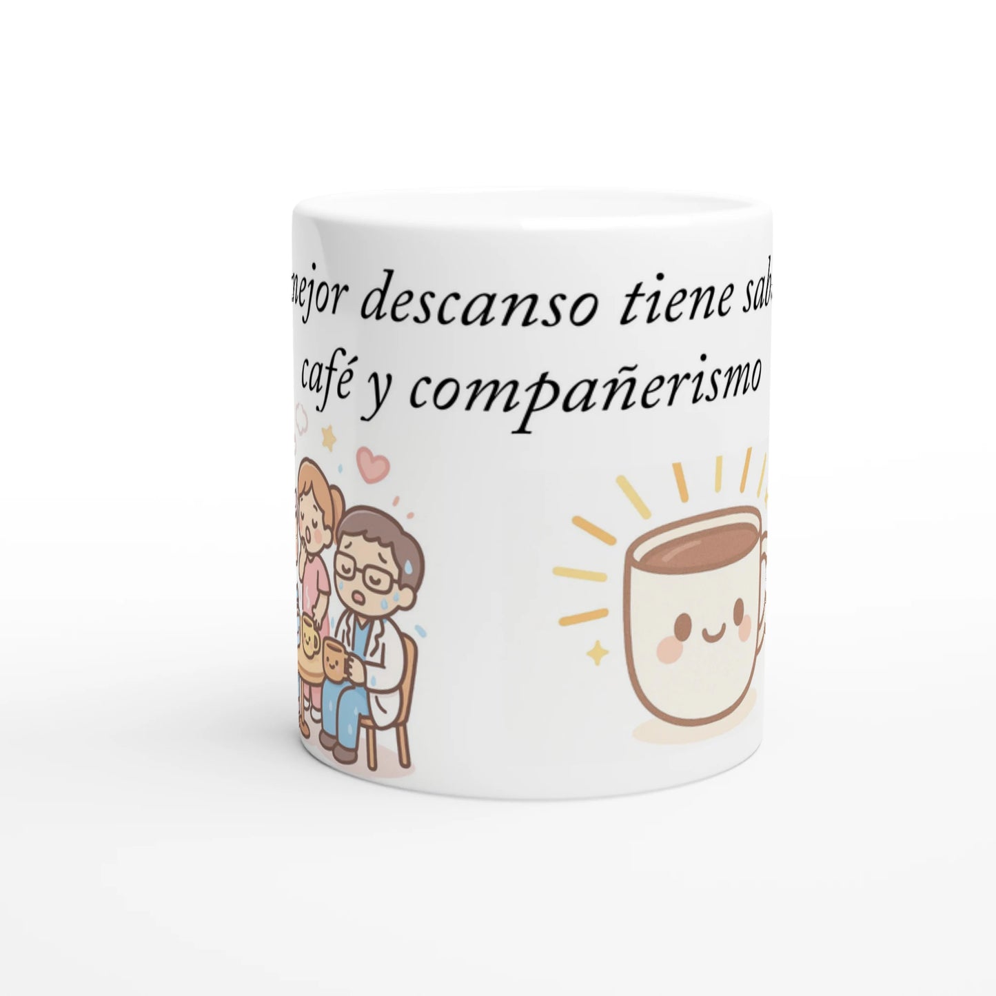 Taza de cerámica 11 oz con diseño de sanitarios agotados tomando café, regalo gracioso para turnos largos.