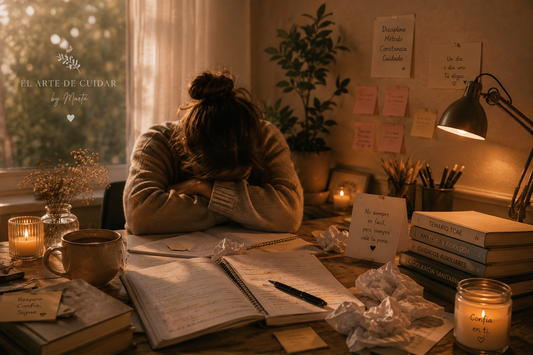 Opositora TCAE cansada y desmotivada estudiando de noche entre apuntes y temarios, representando el bajón emocional durante la preparación de una oposición sanitaria.