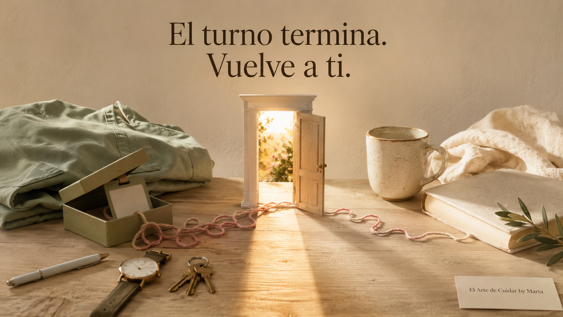 Composición editorial con un uniforme sanitario y una acreditación guardados junto a una puerta iluminada, símbolo de desconectar después de un turno difícil.