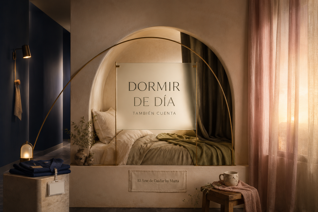 Composición editorial de una habitación oscura al amanecer con uniforme sanitario, sobre dormir tras un turno de noche.