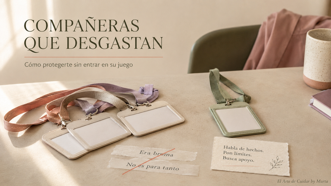 Acreditaciones sanitarias que simbolizan exclusión entre compañeras junto a frases minimizantes y un mensaje sobre poner límites.
