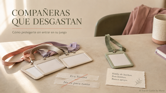 Acreditaciones sanitarias que simbolizan exclusión entre compañeras junto a frases minimizantes y un mensaje sobre poner límites.