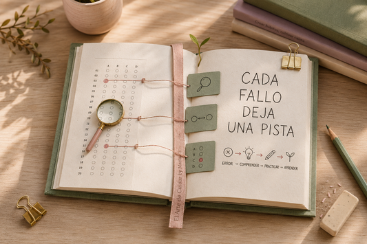 Cuaderno de errores TCAE con respuestas falladas conectadas mediante hilos dorados a nuevas reglas y aciertos, símbolo de aprender de cada fallo.