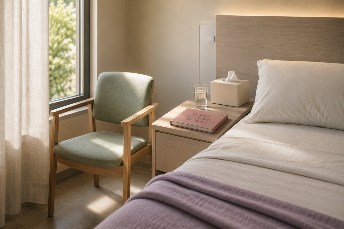 Silla junto a una cama sanitaria, pañuelos y vaso de agua en un espacio privado preparado para conversar.