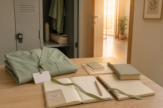 Casaca sanitaria verde salvia, acreditación neutra y material universitario unidos por una cinta, simbolizando el camino de TCAE a Enfermería.