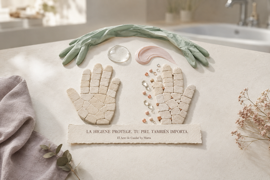 Instalación editorial de guantes sanitarios protegiendo una barrera de cerámica que representa el cuidado de las manos frente a la dermatitis