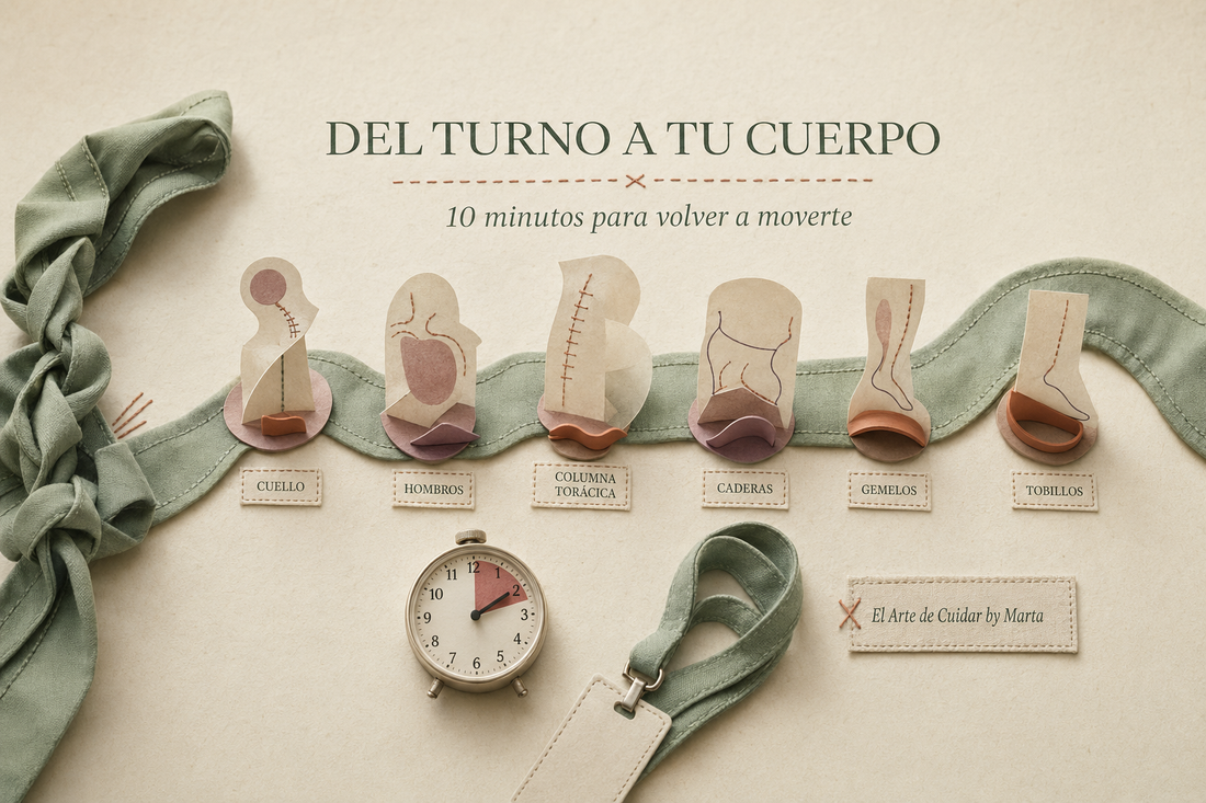 Instalación editorial que representa una rutina de diez minutos para movilizar cuello, hombros, espalda, caderas, gemelos y tobillos después del turno