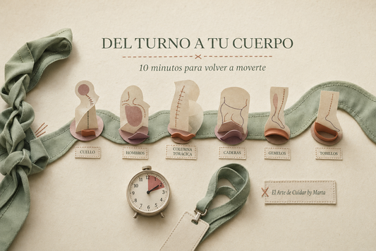 Instalación editorial que representa una rutina de diez minutos para movilizar cuello, hombros, espalda, caderas, gemelos y tobillos después del turno