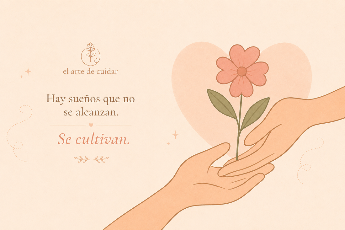Ilustración minimalista de unas manos sosteniendo una flor como símbolo de crecimiento personal, perseverancia y consecución de sueños. Diseño inspirador de El Arte de Cuidar.