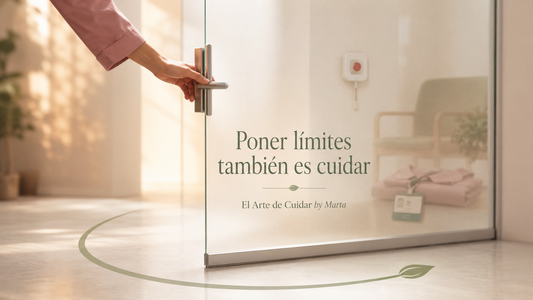 Puerta translúcida entreabierta y línea verde que simbolizan cómo poner límites con empatía a pacientes, familiares y compañeros.