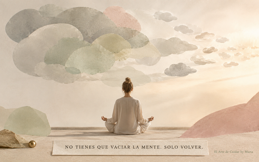 Instalación artística con una persona que enfoca un punto presente entre capas de pensamientos y la frase «No tienes que vaciar la mente. Solo volver».