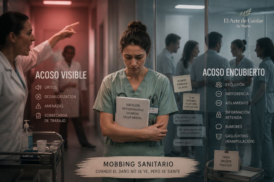 Profesional sanitaria en un pasillo que representa el acoso laboral visible y encubierto.