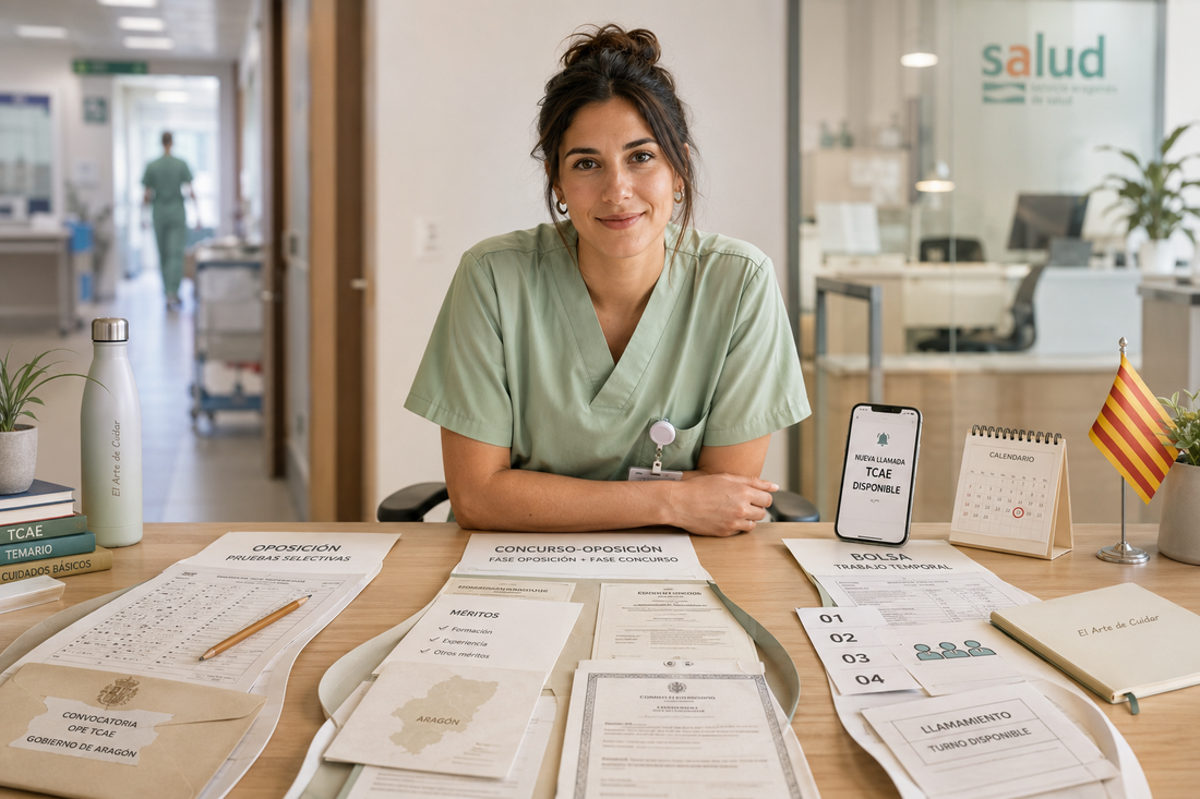 Aspirante TCAE avanzando entre tres caminos que representan oposición, concurso-oposición y bolsa de empleo en Aragón
