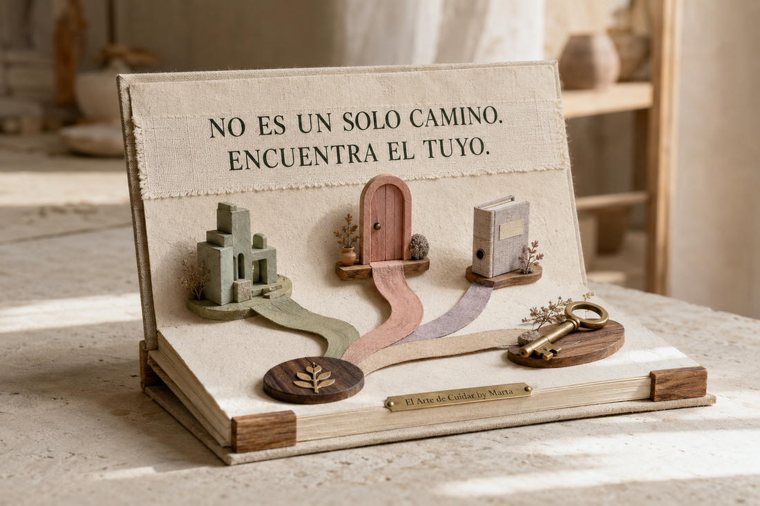 Libro artesanal desplegable con diferentes caminos que representan SALUD, IASS, bolsa de empleo y plaza fija TCAE en Aragón.