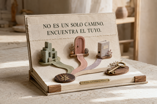 Libro artesanal desplegable con diferentes caminos que representan SALUD, IASS, bolsa de empleo y plaza fija TCAE en Aragón.
