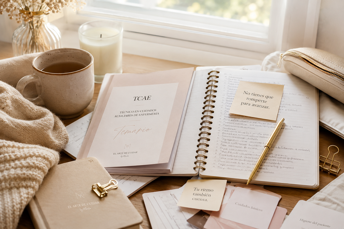 Mesa de estudio cálida con apuntes TCAE, libreta, taza de té y notas motivadoras para opositar siendo sensible sin culpa y con calma.