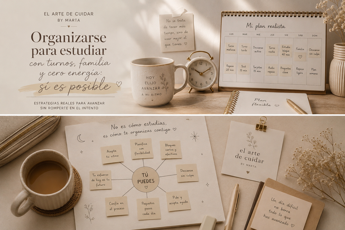 Planificación realista para estudiar una oposición TCAE con turnos de trabajo, responsabilidades familiares y poco tiempo disponible. Estrategias de organización flexible, gestión de energía y estudio sostenible.