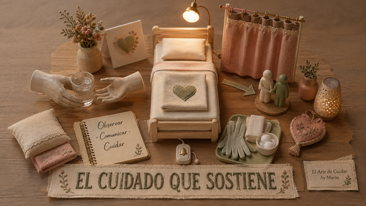 Composición artesanal sobre las funciones del TCAE con una cama hospitalaria, manos cuidadoras, material sanitario y la frase «El cuidado que sostiene».