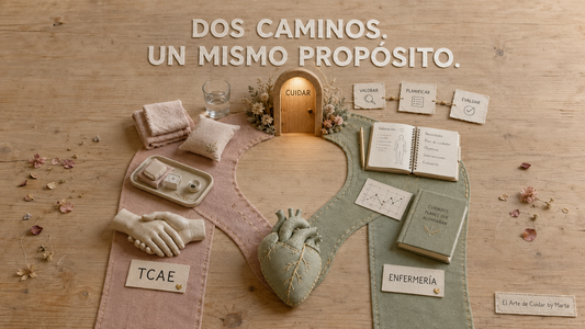 Dos caminos de tela identificados como TCAE y Enfermería que parten de un corazón central y representan dos formas profesionales de cuidar.