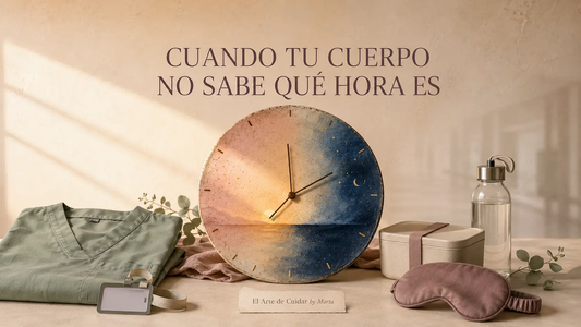 Portada sobre turnos rotatorios con un reloj dividido entre el día y la noche, uniforme sanitario, comida, agua y la frase «Cuando tu cuerpo no sabe qué hora es».