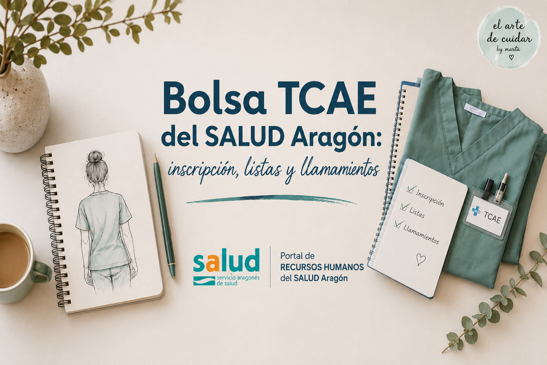 Portada sobre la Bolsa TCAE del SALUD Aragón con uniforme sanitario, cuadernos, acreditación y referencias a inscripción, listas y llamamientos.