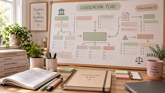 Estudiante transformando un texto normativo extenso en un esquema jerárquico y claro para una oposición.