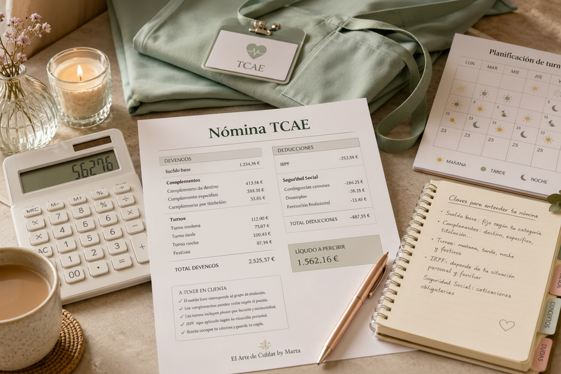 Nómina TCAE sobre una mesa con sueldo base, complementos, turnos, retenciones, calculadora, calendario laboral y uniforme sanitario.