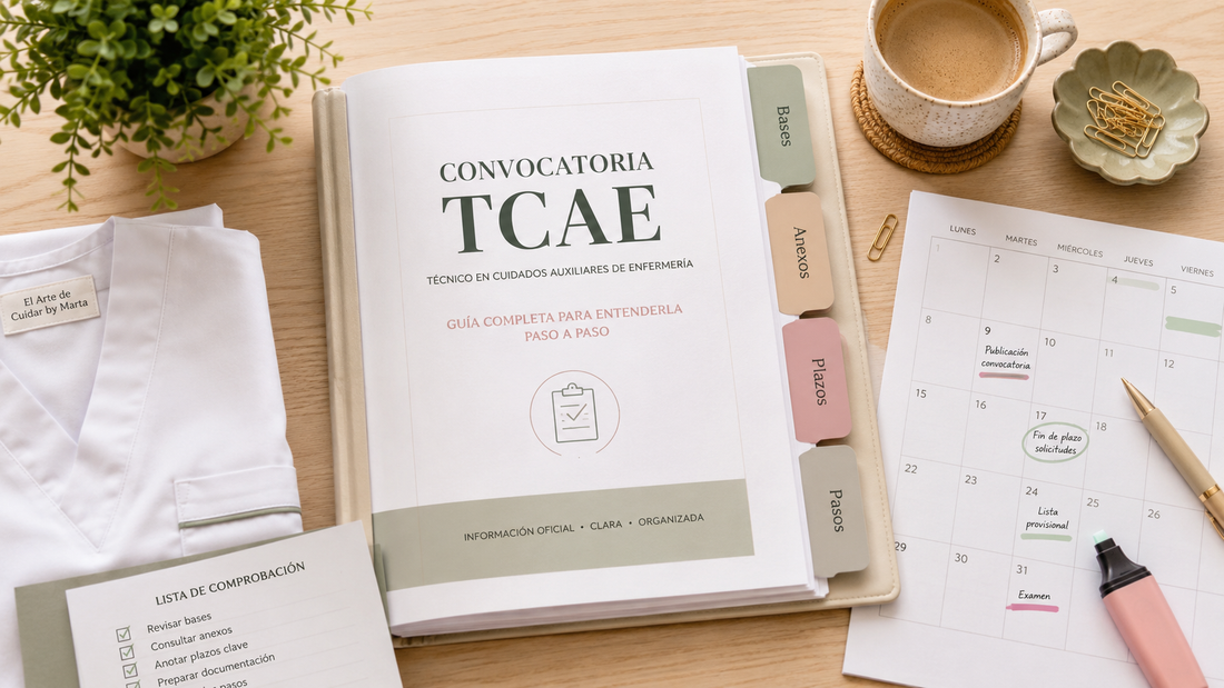 Convocatoria TCAE organizada con apartados de bases, anexos, plazos y pasos, calendario y lista de comprobación.