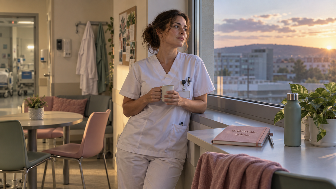 Profesional sanitaria haciendo una pausa al final de una jornada exigente en un entorno hospitalario luminoso.