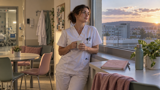 Profesional sanitaria haciendo una pausa al final de una jornada exigente en un entorno hospitalario luminoso.
