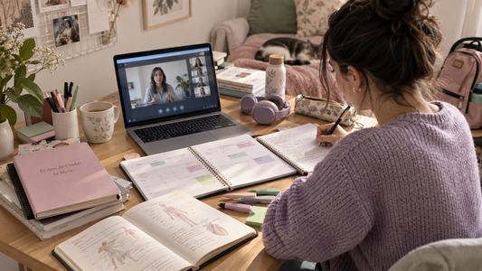 Estudiante revisando en un portátil opciones para cursar TCAE a distancia junto a apuntes y material formativo sanitario.
