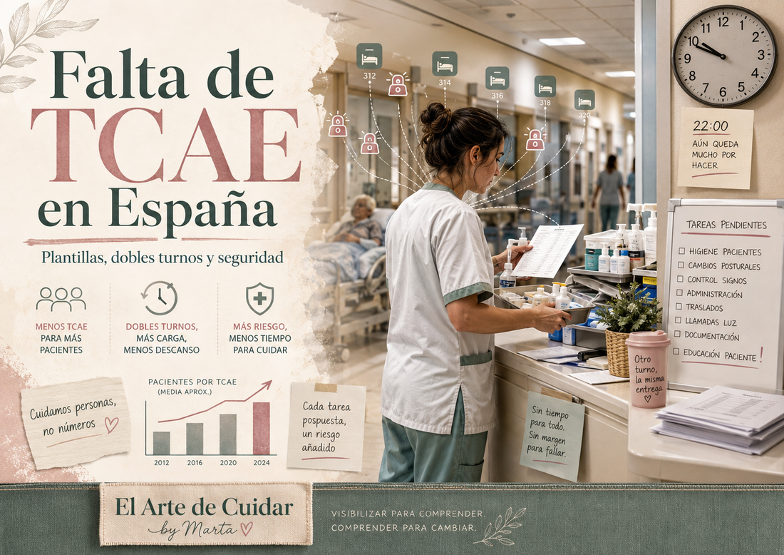Falta de TCAE en España con una auxiliar sobrecargada atendiendo múltiples tareas durante un turno hospitalario.