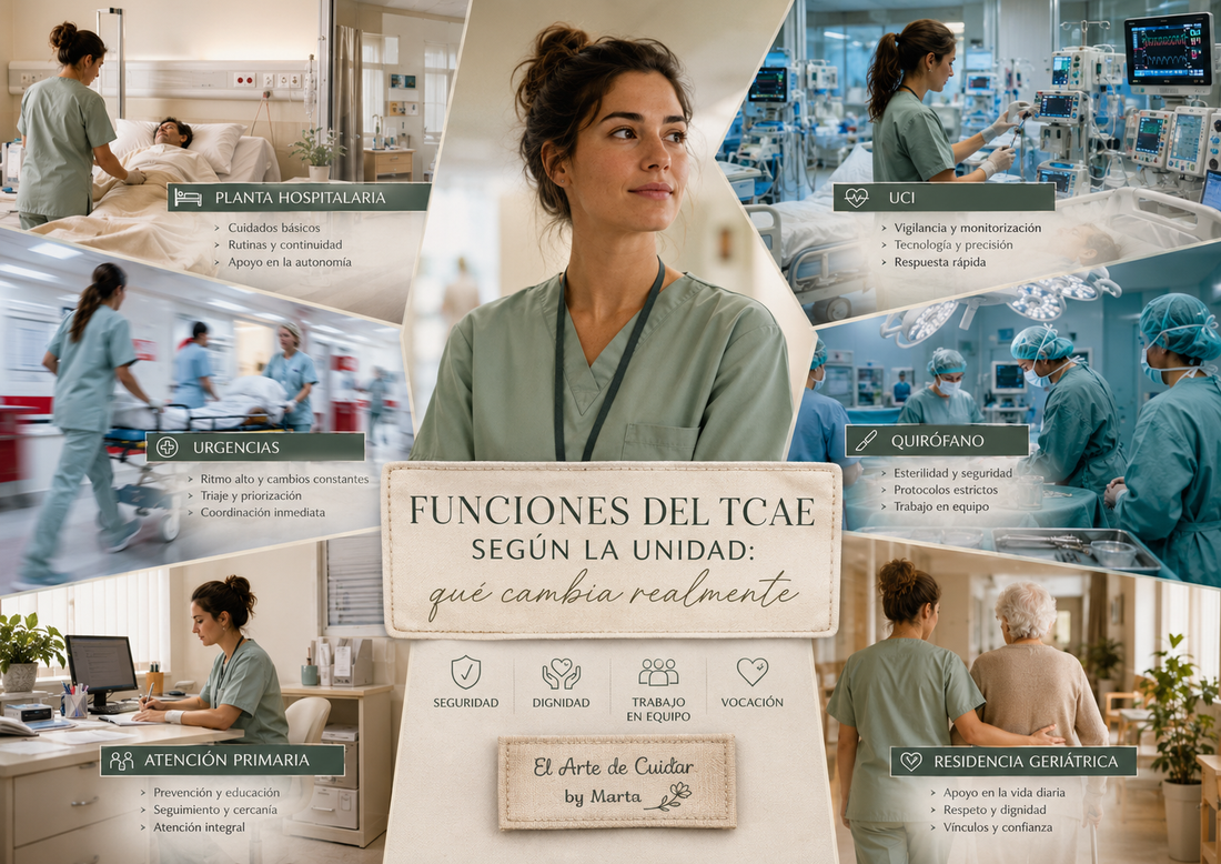 Funciones del TCAE en planta hospitalaria, UCI, Urgencias, Quirófano, Atención Primaria y residencia geriátrica.