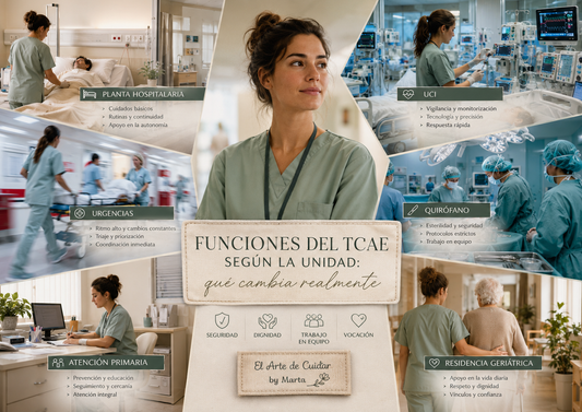 Funciones del TCAE en planta hospitalaria, UCI, Urgencias, Quirófano, Atención Primaria y residencia geriátrica.