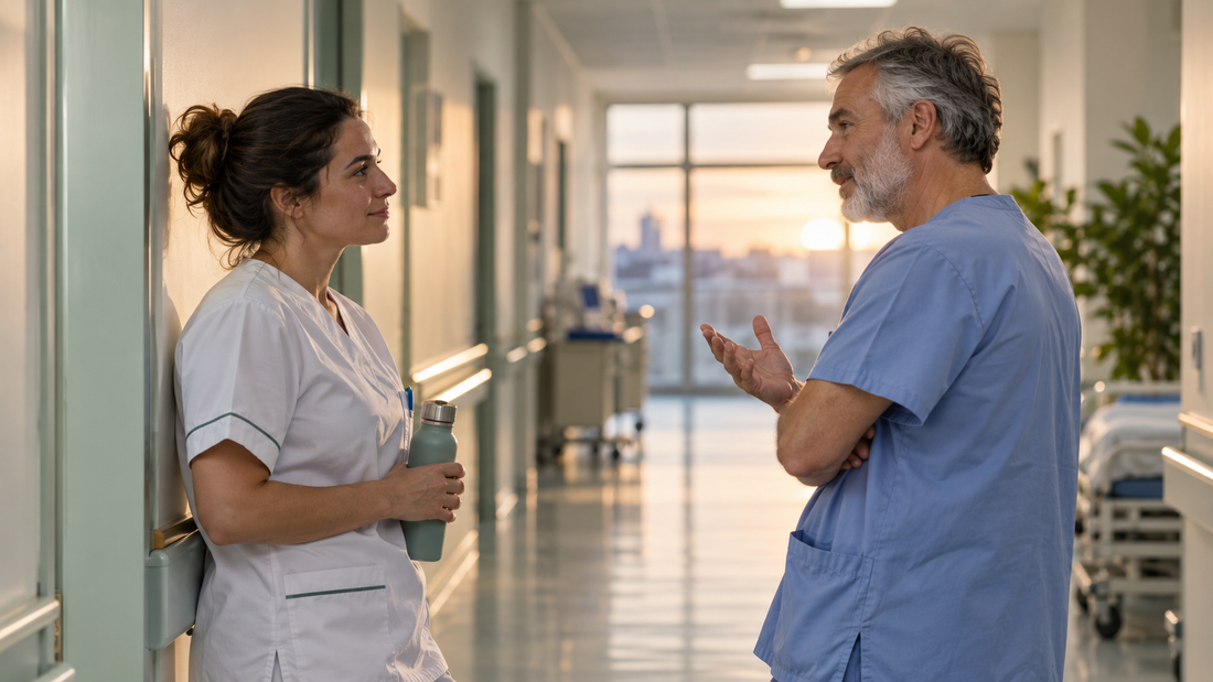 Profesionales sanitarios conversando sobre la jubilación anticipada para TCAE