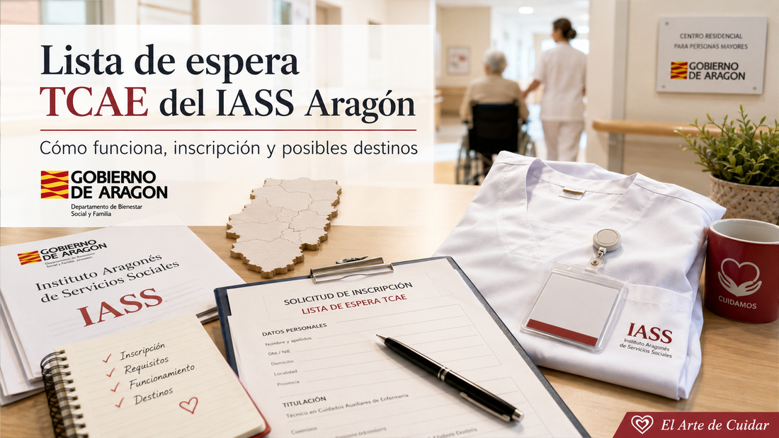 Lista de espera TCAE del IASS Aragón con solicitud de inscripción, uniforme sanitario, mapa de Aragón y residencia de mayores.
