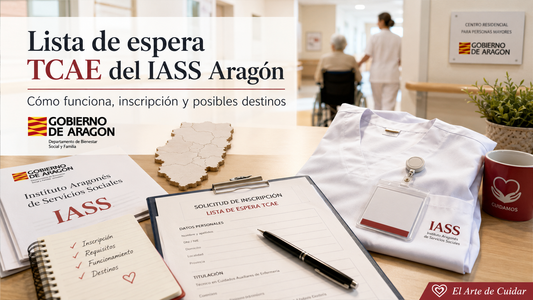 Lista de espera TCAE del IASS Aragón con solicitud de inscripción, uniforme sanitario, mapa de Aragón y residencia de mayores.
