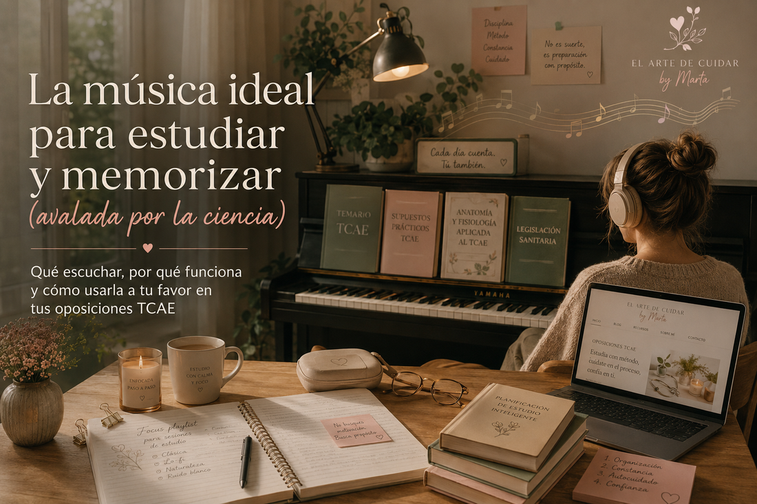 Música ideal para estudiar y memorizar durante una oposición TCAE: estudiante escuchando música con auriculares frente a un piano y material de estudio.