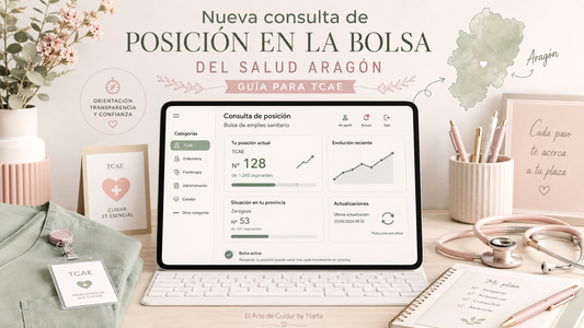 Nueva consulta de posición en la bolsa del SALUD Aragón para TCAE, representada en un portal digital con elementos sanitarios.