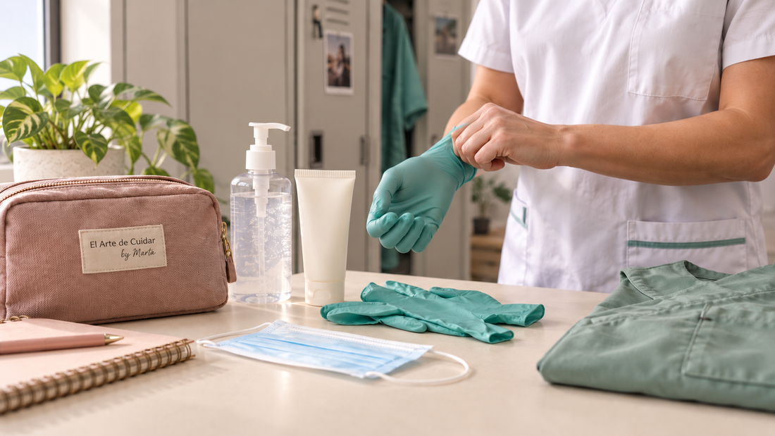Guantes, solución hidroalcohólica, crema de manos y uniforme preparados antes de un turno sanitario.