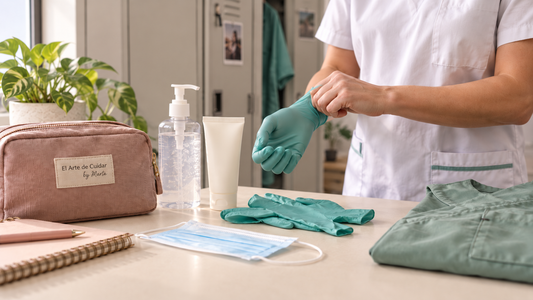 Guantes, solución hidroalcohólica, crema de manos y uniforme preparados antes de un turno sanitario.