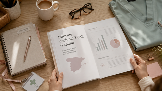 Informe nacional sobre la realidad de las TCAE en España abierto sobre una mesa con gráficos, mapa de España y material sanitario.