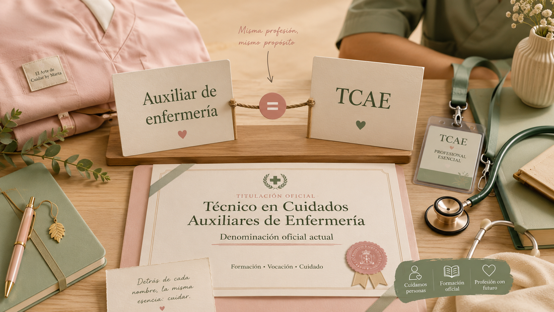 Comparación visual entre TCAE y auxiliar de enfermería como denominaciones de la misma profesión sanitaria.