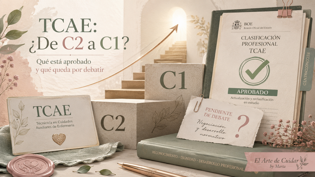 Ilustración editorial sobre el posible paso de los TCAE del grupo C2 al C1, con una escalera ascendente, documentación oficial y elementos que distinguen lo aprobado de lo pendiente.