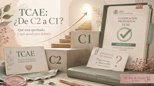 Ilustración editorial sobre el posible paso de los TCAE del grupo C2 al C1, con una escalera ascendente, documentación oficial y elementos que distinguen lo aprobado de lo pendiente.