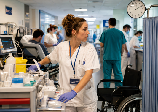 TCAE trabajando en un servicio de Urgencias hospitalarias junto a un carro de material, una camilla y una silla de ruedas, en un entorno de ritmo asistencial intenso.
