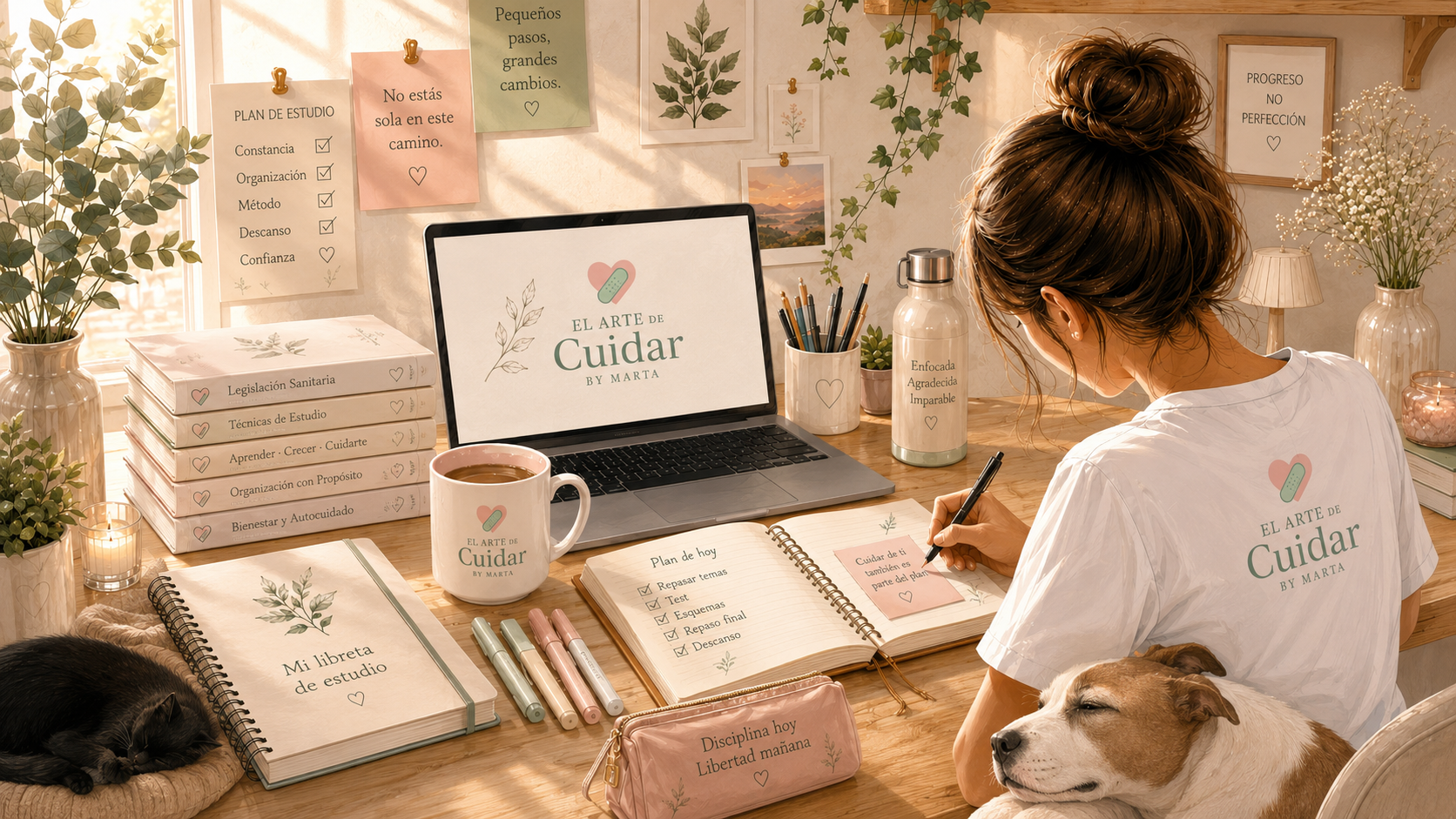 Espacio de estudio para oposiciones TCAE con una profesional sanitaria preparando su planificación, ordenador con El Arte de Cuidar, libros, agenda y materiales de estudio en un ambiente acogedor y de autocuidado.