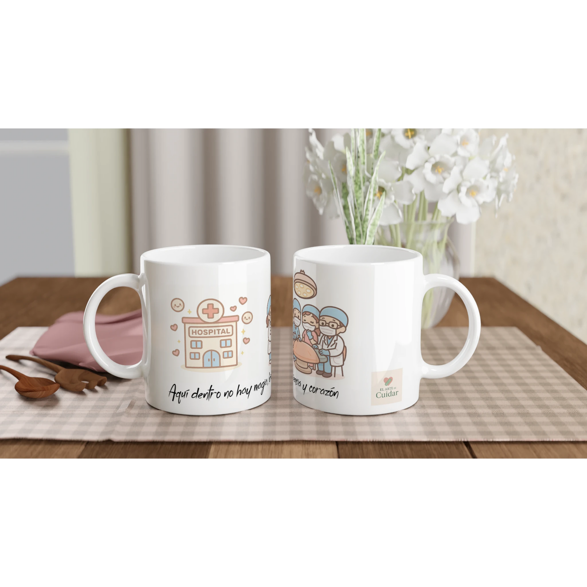 Taza de quirófano con frase emotiva “Aquí dentro no hay magia, hay ciencia y corazón”, cerámica 11 oz.